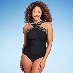 Aqua Green Black Crossover Neckline One‎ Piece Bathing Suit size Small